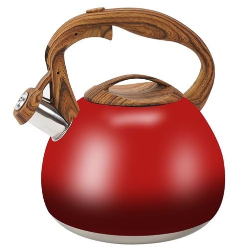 Stovetop Whistling Tea Kettle 3.2 Quart - Red Gradient Stainless Steel with Wood Grain Handle, Loud Whistle Kettle for Boiling Water, Coffee & Milk, E