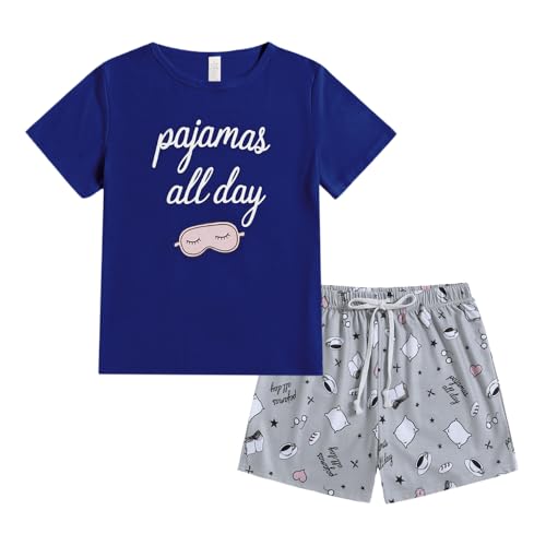 VENTELAN Pajama Set For Women Cute PJS Summer Short Sleeve Shorts Sleepwear X-Small Coffee-blue