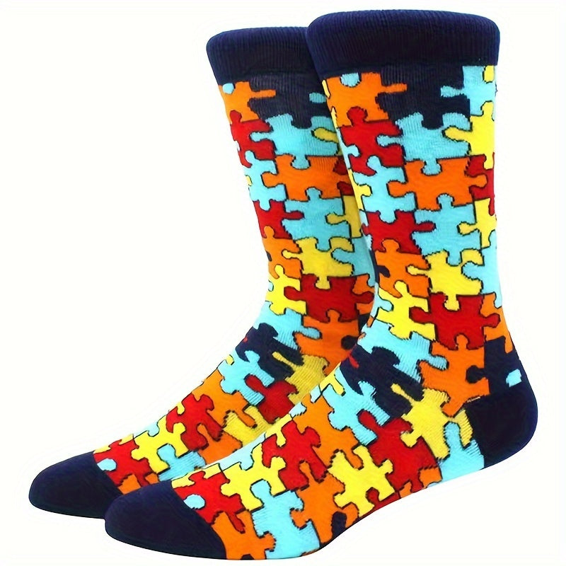 TEMU 1 Pair Men's Colorful Puzzle Pattern Crew Socks, 100% Polyester Knit Cartoon Design, Hand Wash- Only
