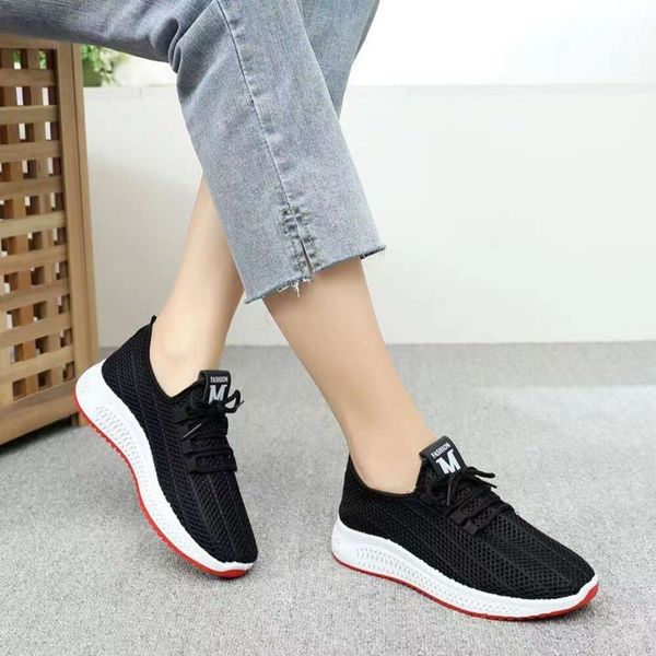 Spring and Summer New Women&#039;s Casual Sports Thick Walking Soft Sole Comfortable Lacing White Mesh Shoes
