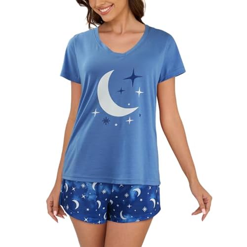 VENTELAN Pajama Set For Women Cute PJS Summer Short Sleeve Shorts Sleepwear X-Small Blue Color