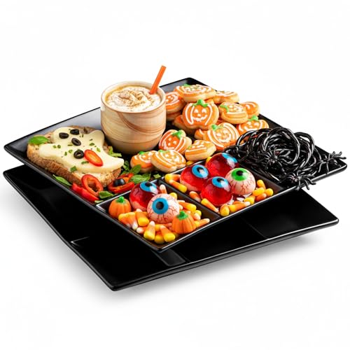 LAUCHUH Divided Serving Platters, 11 x 11 inch Porcelain Chip & Dip Serving Set Dinner Serving Tray 4 -Compartment Serving Dishes for Halloween Candy,