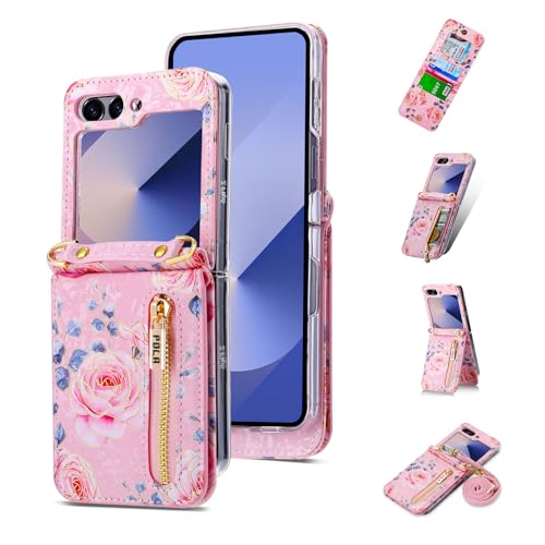 for Samsung Galaxy Z Flip 6 Flower Credit Card Holder Wallet Case with Strap, Rose Pattern Crossbody Purse Floral Kickstand for Women, Cute and Charmi