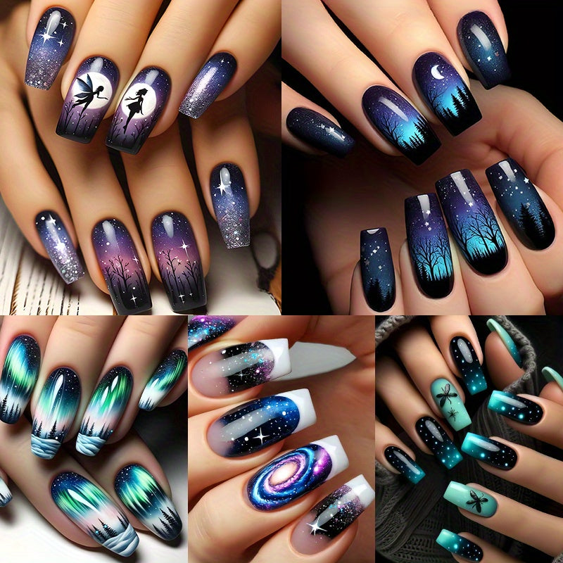 TEMU 120pcs (5 Pack) Glossy Finish, Square Medium Length Nails With Gradient And Dark Tone Patterns, Starry Sky