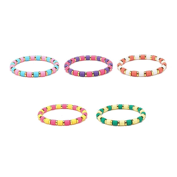 5Pcs 5 Colors Column Polymer Clay Stretch Beaded Bracelets