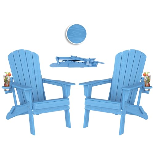 Folding Adirondack Chair Set of 2 with Cup Holder,Heavy All-Weather,Wooden Textured,HDPE Outdoor Chairs, Patio Backyard Fire Pit, Light Blue Light Blu