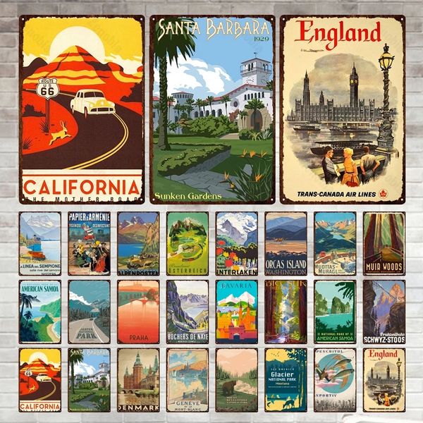 Paris Roma England City Metal Painting Sign Vintage Metal Plaque Travel Tin Poster Scenic Decor for Bar Home Wall Decor Landscape Plates 30X
