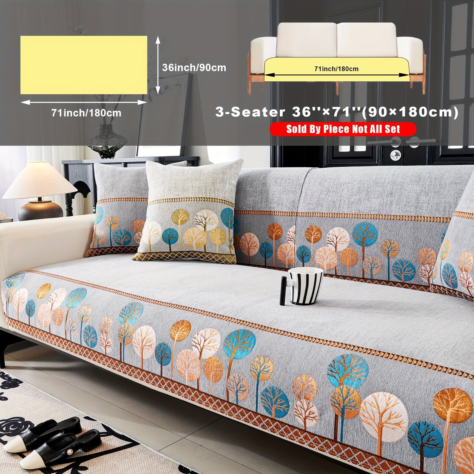 TEMU Chenille Fabric Sofa Cover With Tree Embroidery And Active Printing - Slip Resistant Couch Protector, Easy To -piece Design For Armchair,