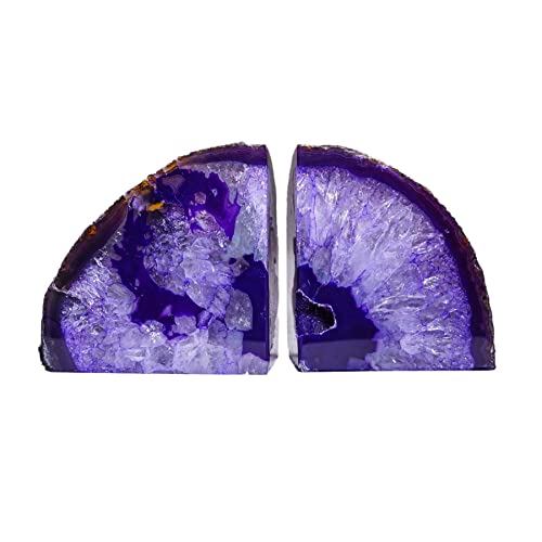 AMOYSTONE Purple Agate Bookends - Decorative Stone Book Holders for Hardback Book or Cookbooks, Stone Bookends 2-3 LBS with Rubber Bumpers, Unique Boo
