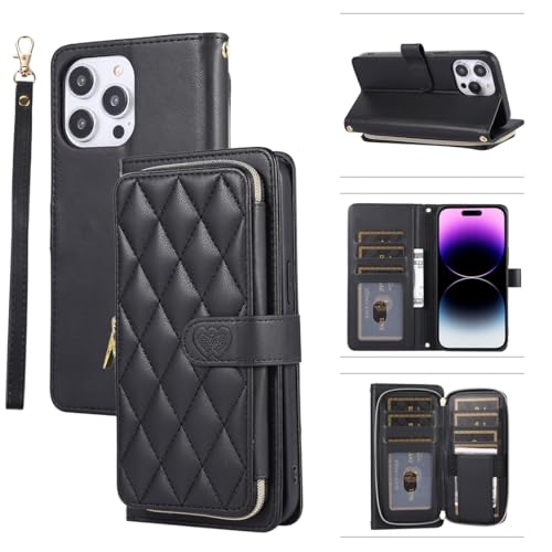 for iPhone 15 Zipper Wallet Case with Card Holder, 9 Card Slots Large Capacity and Multiple Style Lanyards.(Black) Black iPhone 15