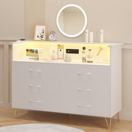 Garvee White Dresser with LED Light for Bedroom 6 Drawer, Wooden Dressers with Charging Station, Large Double Dresser with Wide Drawers, Modern Chests