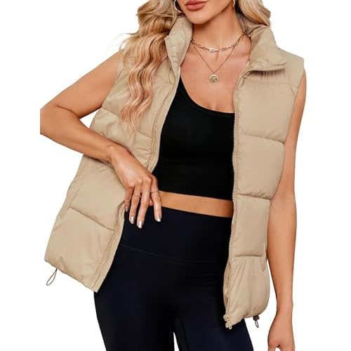 Women Quilted Puffer Vest Sleeveless Jacket Zip Up Stand collar Lightweight Outerwear with Pocket 2025 Trendy Plain Khaki Small