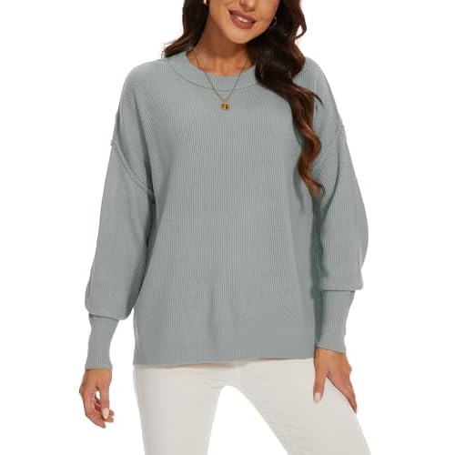 Women's Crewneck Long Sleeve Oversized Sweaters 2024 Fall Side Slit Ribbed Knit Pullover Sweater Tops Lightgrey XX-Large