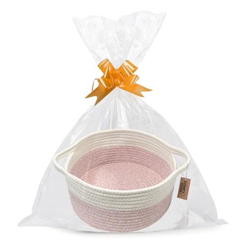 COMFY HOMI Small Woven Gift Baskets with Handles, Gift Bags and Ribbons - Cotton Rope Storage Basket for Organizing, Dog Toy Basket Box, Gift Baskets