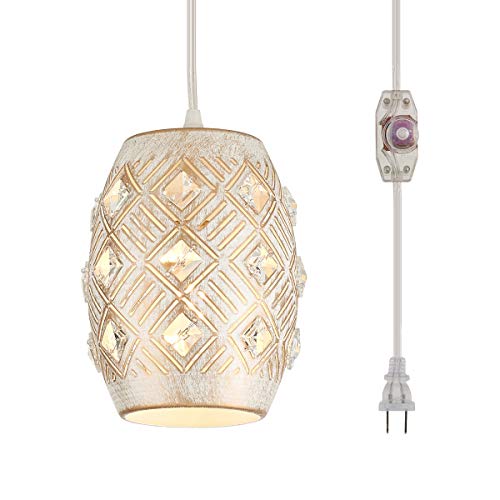 YLONG-ZS Hanging Lights with Plug in Cord, Boho Plug in Pendant Light 16 FT Cord, White Crysta Hanging Pendant Light Dimmable for Bedroom,Living Room,
