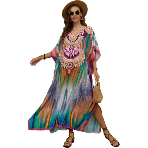 Swimsuit Cover Up Caftan Women's Vneck Flower Leopard Print Batwing Sleeve Side Split Kaftan Dresses B16