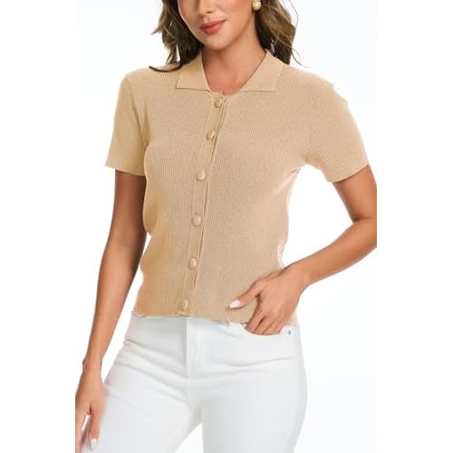 Women's Button Down Short Sleeve Polo T Shirts Ribbed Knit Slim Fitted Basic Summer Top Khaki X-Large