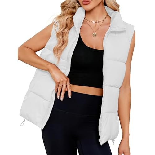 Women Quilted Puffer Vest Sleeveless Jacket Zip Up Stand collar Lightweight Outerwear with Pocket 2025 Trendy Plain White Small