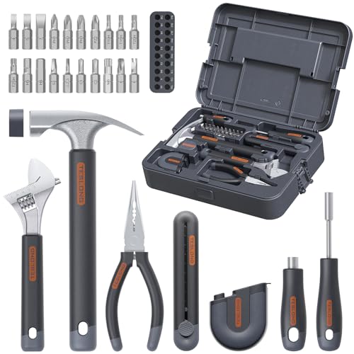 Teslong 27 Pcs Home Repair Tool Kit, Basic Hand Tool Set with Storage Case, Screwdriver, Wrench, Hammer, Tape Measure, Pliers, Utility Knife, Househol