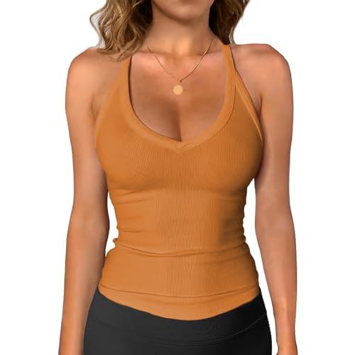 iGENJUN Workout Tops for Women Racerback Basic Tank Summer 2025 Camisole V Neck Slim Fit Ribbed Sleeveless Small Orange