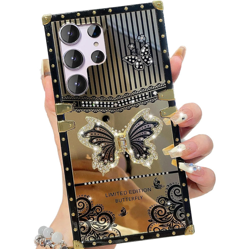 Luxury 3D Bling Diamond Butterfly Square Case Stand TPU Metal Corner Plating Mirror For Samsung S25 Ultra S24 FE S23 Plus S22 S21 A05 A05S A06 A16 A