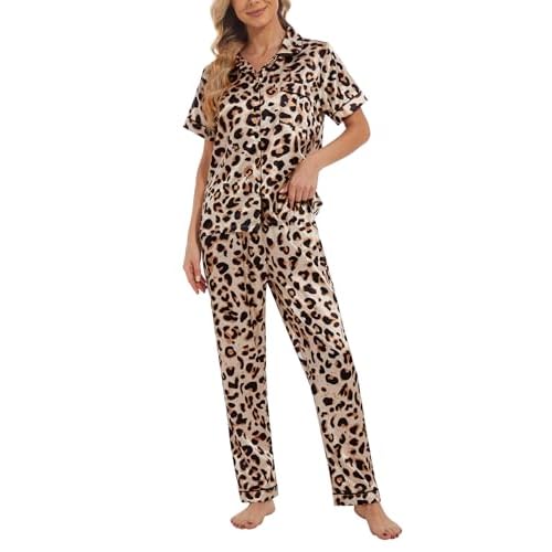 YIJIU Womens Silk Satin Pajamas Set Short Sleeve Sleepwear Soft Button Down Loungewear Two-piece Pjs Sets XS-XXL Long Medium Leopard