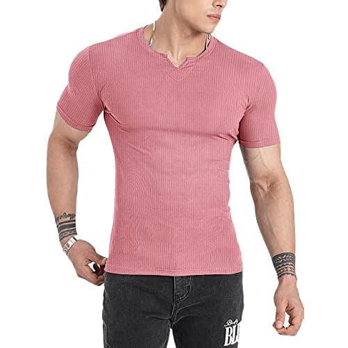 Muscle Cmdr Men's Henley Long&Short Sleeve T-Shirt Slim Fit V Neck Shirts Stretch Tee Casual Underwear Athletic Medium Weight Small 1-pink-short