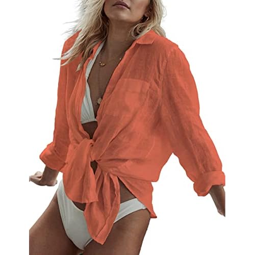Bsubseach Women Long Sleeve Beach Shirt Blouses Bathing Suit Cover Up Button Down Collar G-orange