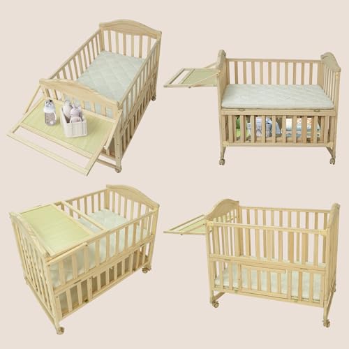 Mini Baby Cribs 4-in-1 Convertible - Cunas para Bebes with Changing Shelf and Mattress Included,2025 Wood Baby Bassinets Bedside Crib Sleeper,Unpainte