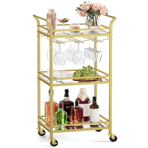 VASAGLE Bar Cart, Home Bar Serving Cart, Small Bar Serving Cart with 3-Tier Shelf, Wine Holders, Glass Holders, Mini Bar Cart for Small Spaces, Kitche