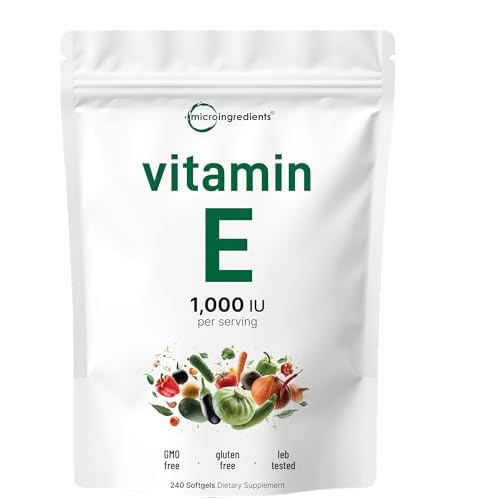 Micro Ingredients Vitamin E 1000IU, 240 Softgels | Pure Vitamin E Oil Pills | Antioxidant Supplements for Skin, Face, Heart, & Immune Health | Non-GMO