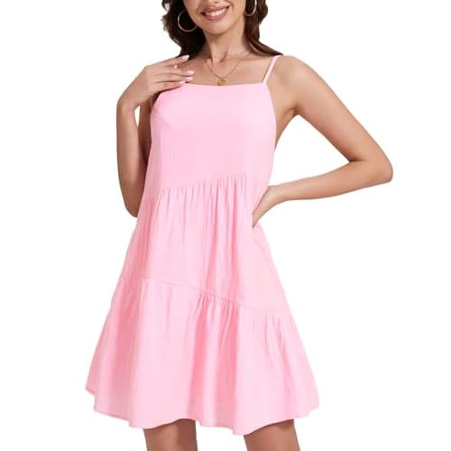 FANCYINN Women's 2025 Summer Mini Dress Sleeveless Spaghetti Strap,Backless Tiered Swing Dress Beach Wedding Guest,Vacation Pink Large
