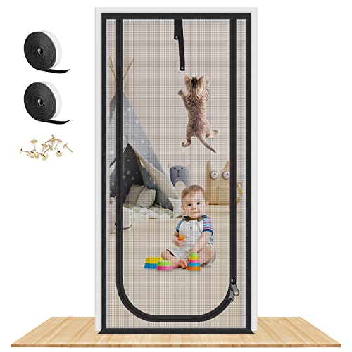Upgraded Reinforced Cat Screen Door, 36X82” Heavy Duty Pets Proof Screen Door with Two Way Zips, Prevent Dogs Cats Running Out from Home, Bedroom, L