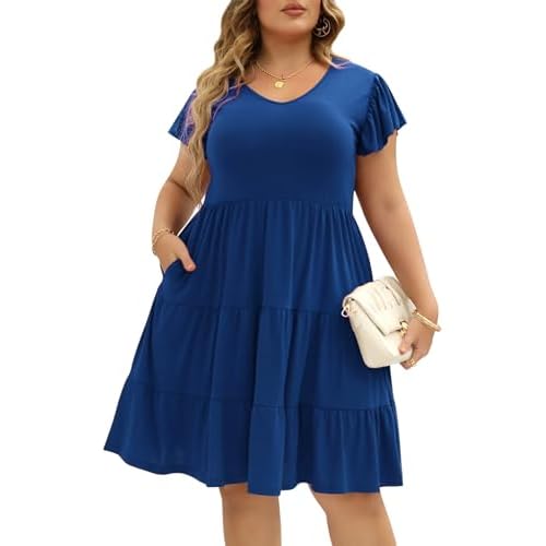 Celkuser Womens Plus Size Casual Summer Dresses Ruffle Sleeve Tiered Swing Midi Dress with Pockets 14 Plus Blue