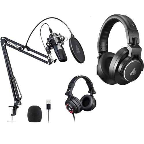 MAONO Microphone with Studio Headphone Set 192kHz-24bit Vocal Condenser Cardioid Podcast Mic Compatible with Mac and Windows, YouTube, Gaming, Live St