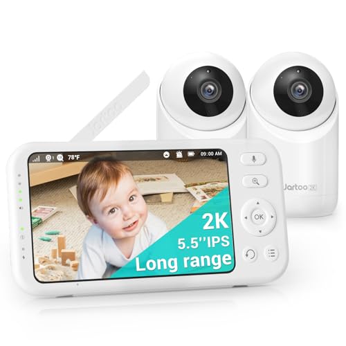 Jartoo 2K Video Baby Monitor with 2 Cameras and Audio, Long Range Baby Monitor No WiFi, 5.5" Split Display, VOX - AI Cry Detect, ANR, IR Night Vision,