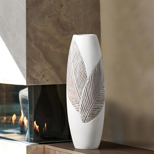 Modern Large Floor Vase White Home Decor Flower Vase 17.7 Inch Tall Resin Vase Tree Leaf Texture Decor Vases for Entryway Living Room Mantel