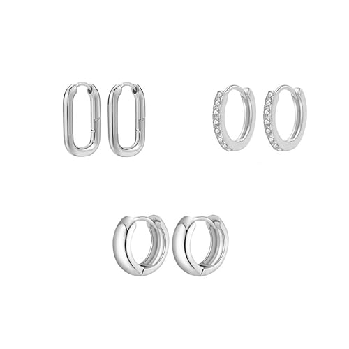 3 Pairs 14K Gold Plated Hoop Earrings Set for Women Chunky Hoops Twisted Huggie Hoop Multipack Hypoallergenic Earrings for Women Gift (SilverII)