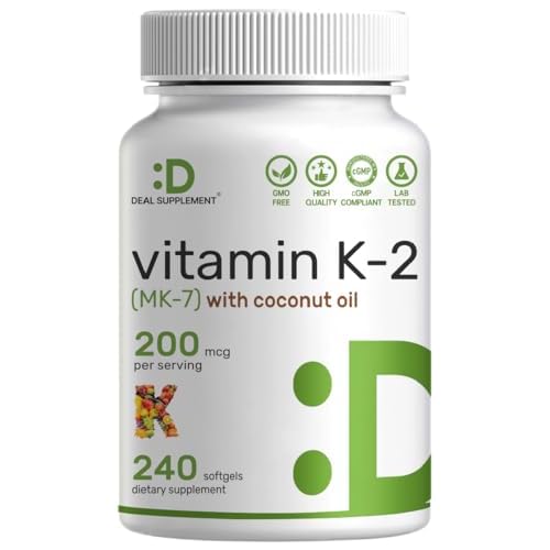 DEAL SUPPLEMENT Vitamin K2 MK-7 200mcg Per Serving, 240 Coconut Oil Softgels | Easily Absorbed Menaquinone-7 Form | Bone, Joint, & Immune Support –