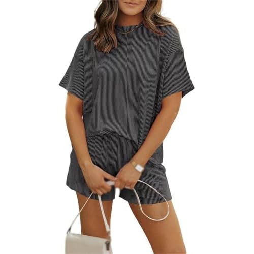 Womens 2 Piece Sets Ribbed Knit Short Sleeve Lounge Set Casual Shorts Summer Outfits Black Large