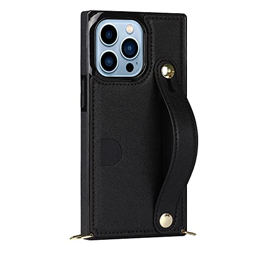 for iPhone 14 with Wrist Strap and Lanyard, Card Holder Phone case with Multi-Functional Stand and Scratch-Resistant, Anti-Drop Protection.（Black）