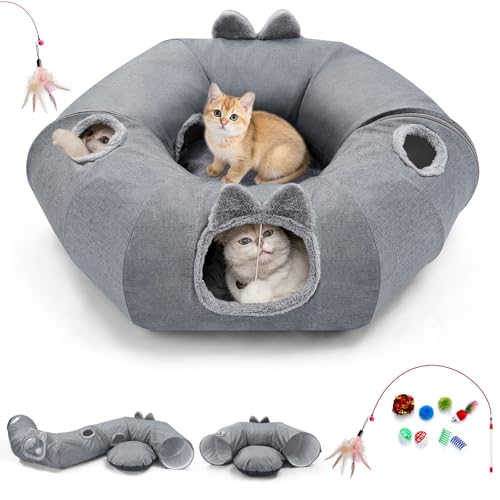 Odoland Summer Linen Cat Tunnels for Indoor Cats with Cooling Central Cat Bed, Interactive Cat Toys Detachable Soft Mat and Variety Kitty Toy Set Grey