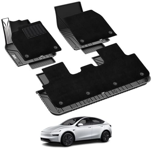 3W Tesla Model Y Juniper Floor Mats with Carpets, Mental Pedal, Double Layer, All Weather TPE Waterproof Custom Fit Automotive Car Floor Liners, Black