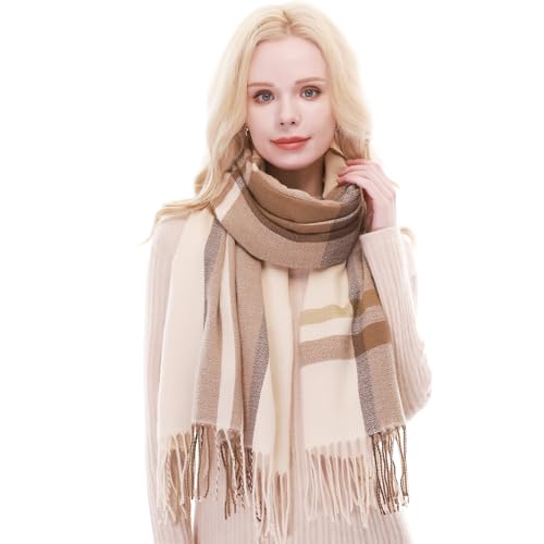 RIIQIICHY Plaid Scarf for Women Fall Winter Pashmina Scarves Wraps for Cold Weather Warm Large Ivory-Brown-Grey