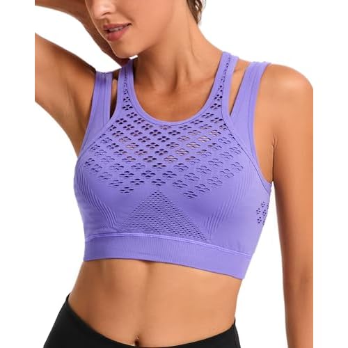 RUNNING GIRL Sports Bras for Women High Support,Seamless Ribbed Longline High Neck Sports Bra Racerback Padded Crop Top Yoga Small A-purple