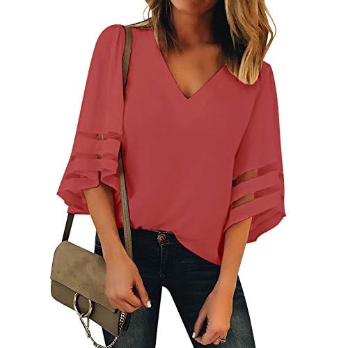 luvamia Women's Casual V Neck Blouse 3-4 Bell Sleeve Mesh Panel Shirts Loose Top XX-Large A1 Tea Rose