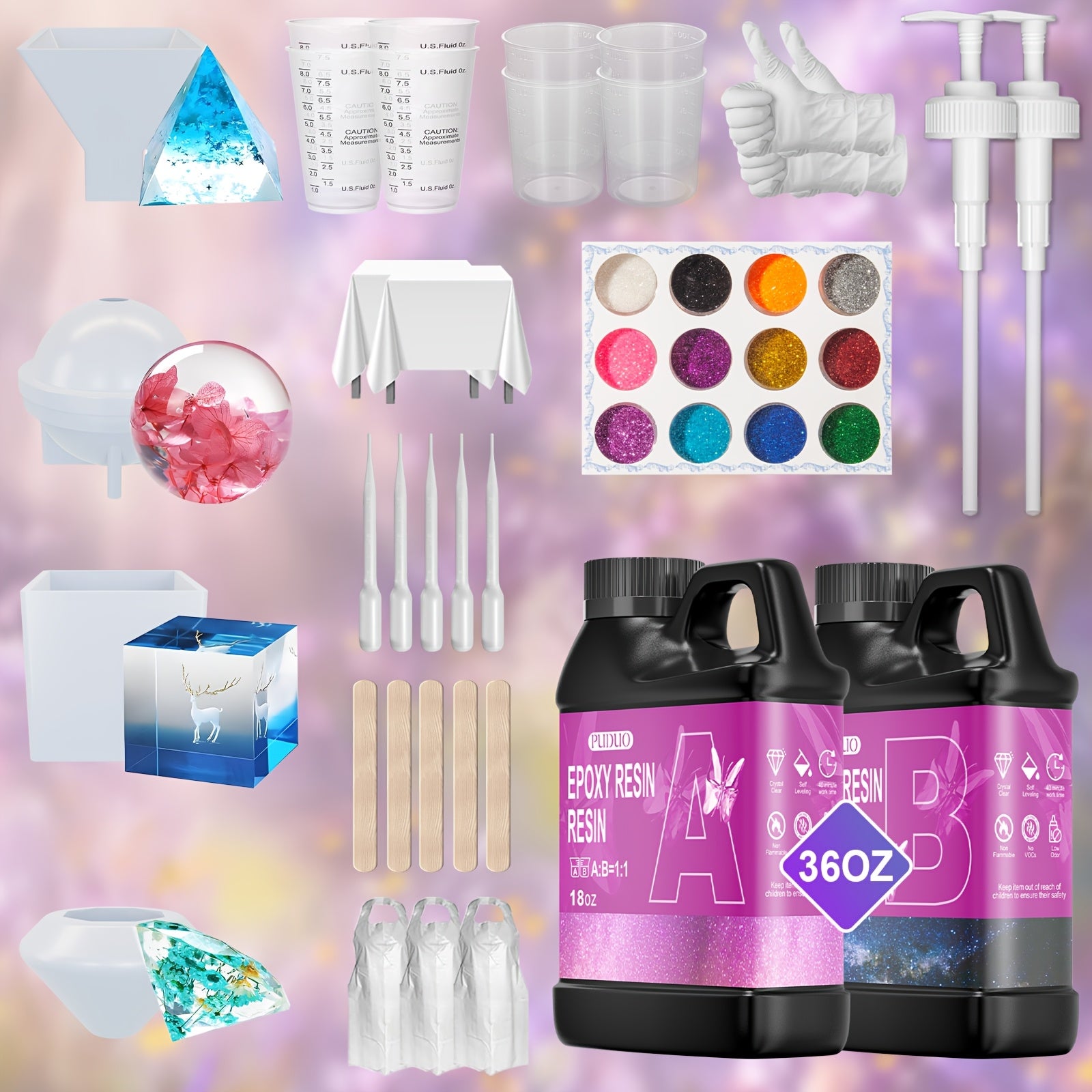 TEMU Puduo 36oz Beginner's Set (18 Ounces Of Resin And 18 Ounces Of Hardener) And Accessories, Crystal Transparent Epoxy Resin, No Bubbles, No