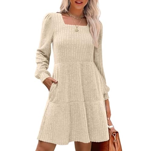 RanRui Womens Knitted Mini Dress riibbed Pleated Square Neck Long Sleeve Fall Dresses Casual Babydoll Ruffle Sweater Dress Apricot XX-Large