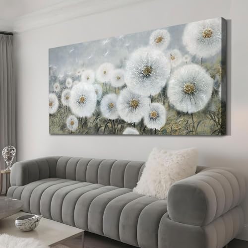 Ardemy Dandelions Wall Art Flowers Large Bedroom Wall Decor Living Room, White Floral Canvas Art Pictures Paintings Textured Artwork For Walls Decor D