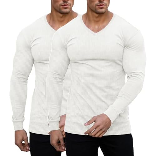 Muscle Cmdr Slim Fit Thermal V Neck Long Sleeve,Muscle Shirt, Casual, Ribbed Pullover Tee Lightweight Sweater Undershirts 2pcs-white Small